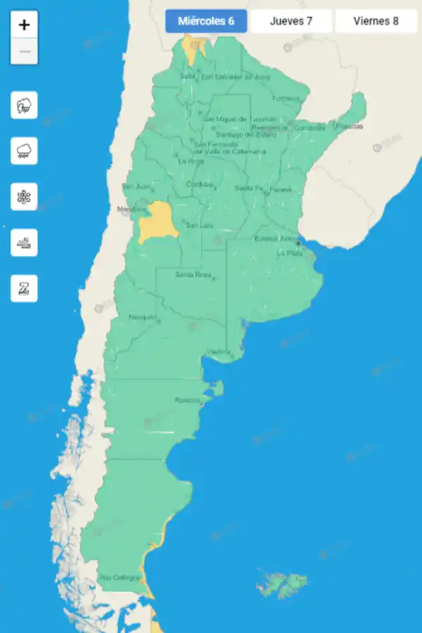 Mapa de alertas meteorológicas en Argentina