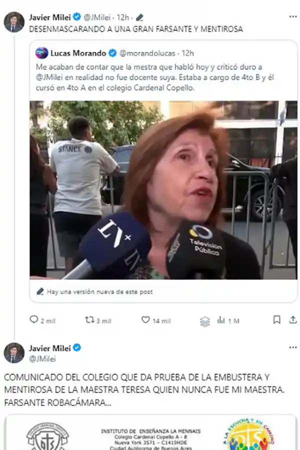 Fuerte respuesta de Milei a la maestra jubilada del colegio donde estudió: Farsante y embustera