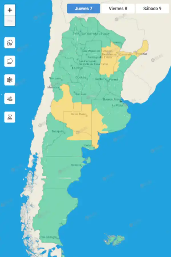 Mapa de alertas meteorológicas en Argentina