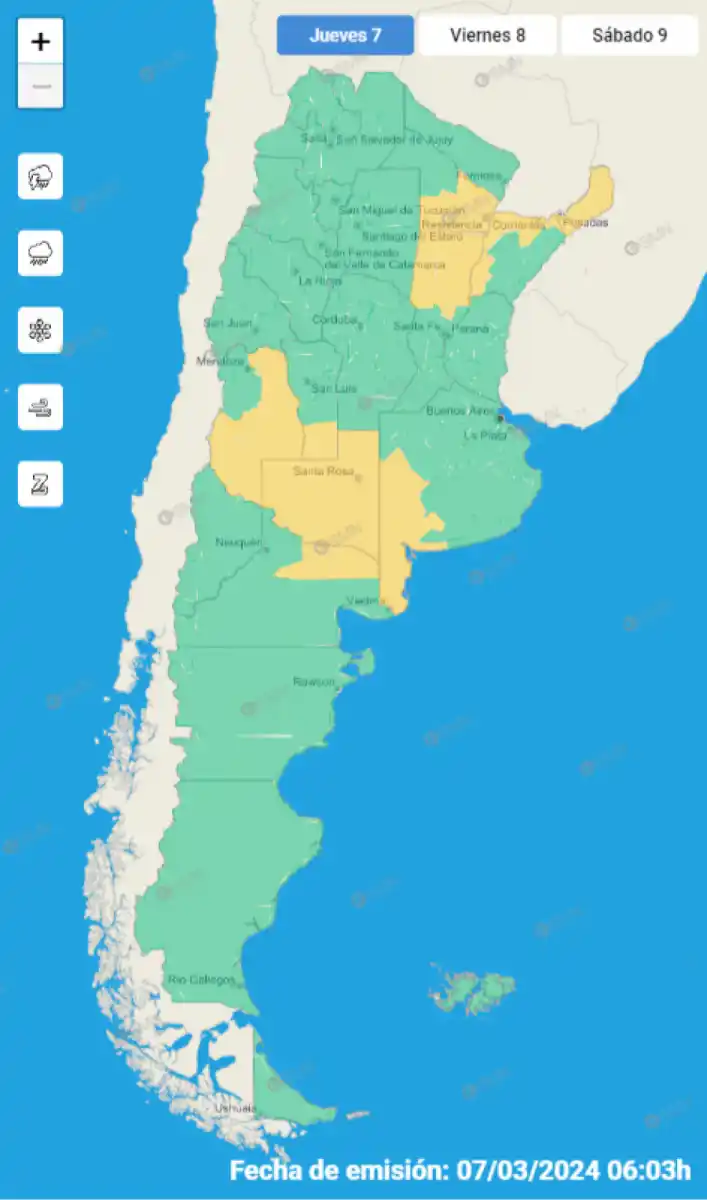 Mapa de alertas meteorológicas en Argentina