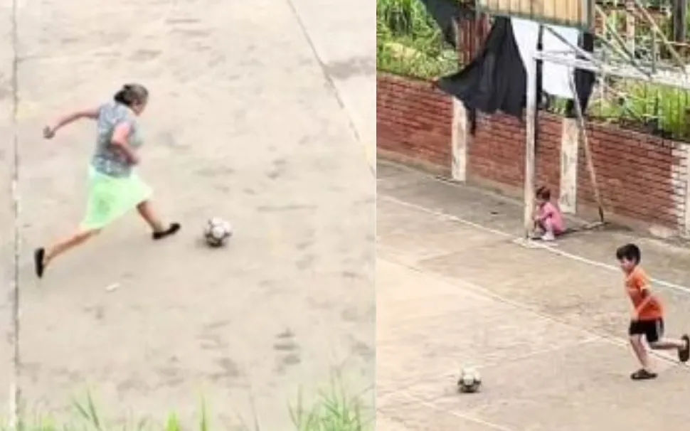 Abuelita marca un gol al corazón al jugar fútbol con su nieto y se vuelve viral 