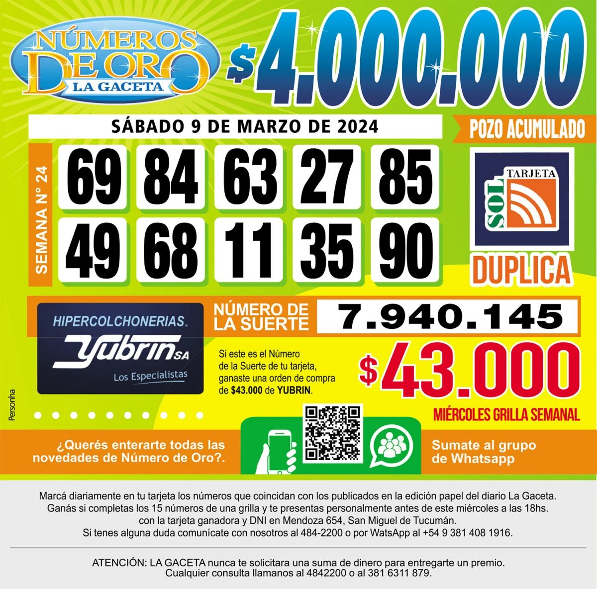 Los Números de Oro de LA GACETA del 9 de marzo de 2024