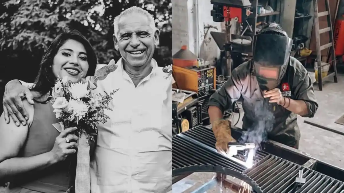 María José con su padre, quien le enseñó el oficio de herrería y en el taller soldando.