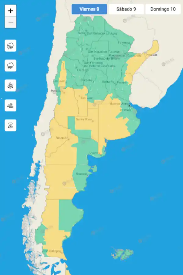 Mapa de alertas meteorológicas en Argentina