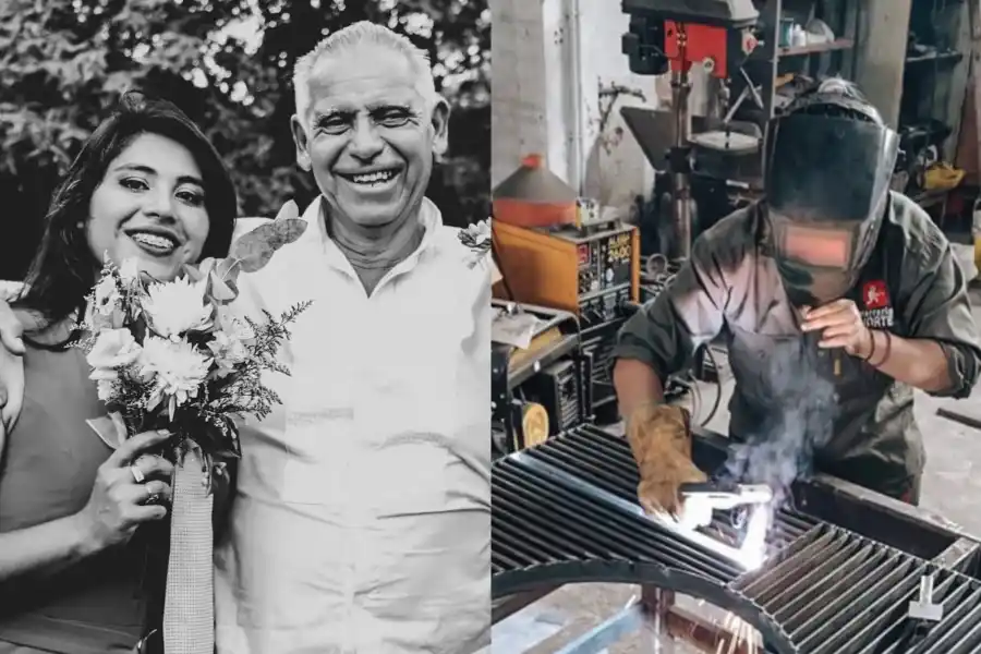 María José con su padre, quien le enseñó el oficio de herrería y en el taller soldando.