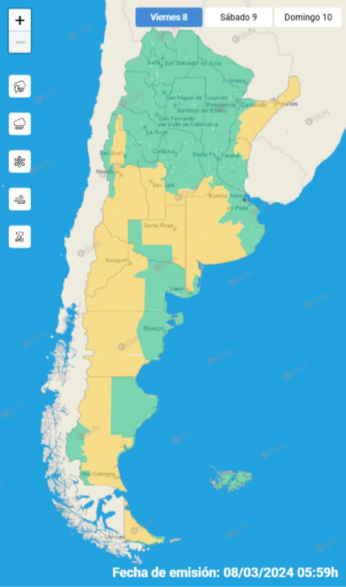Mapa de alertas meteorológicas en Argentina