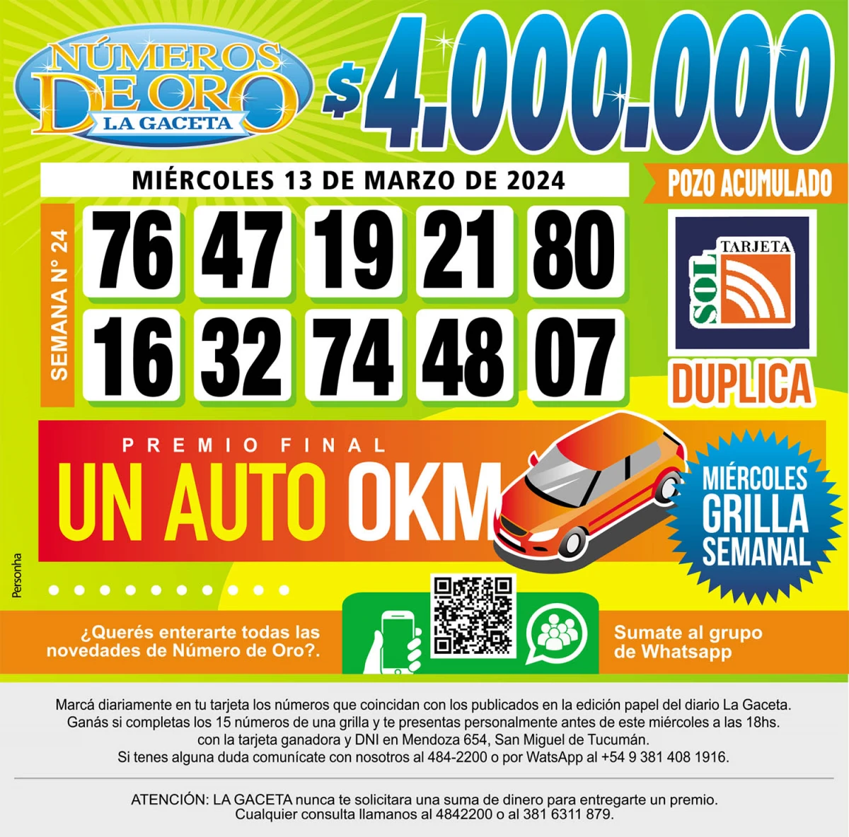 Los Números de Oro de LA GACETA del 13 de marzo de 2024