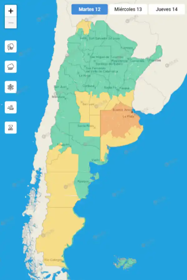 Mapa de alertas meteorológicas en Argentina