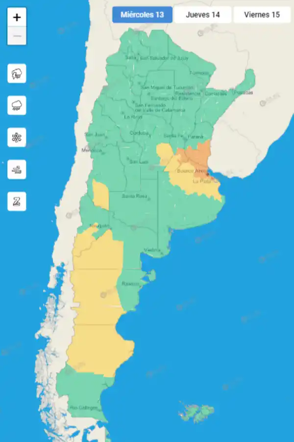 Mapa de alertas meteorológicas en Argentina