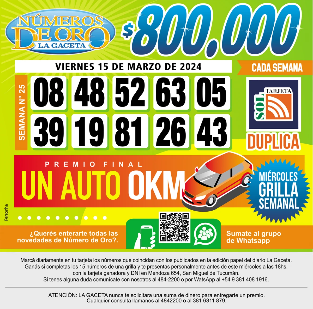 Los Números de Oro de LA GACETA del 15 de marzo de 2024