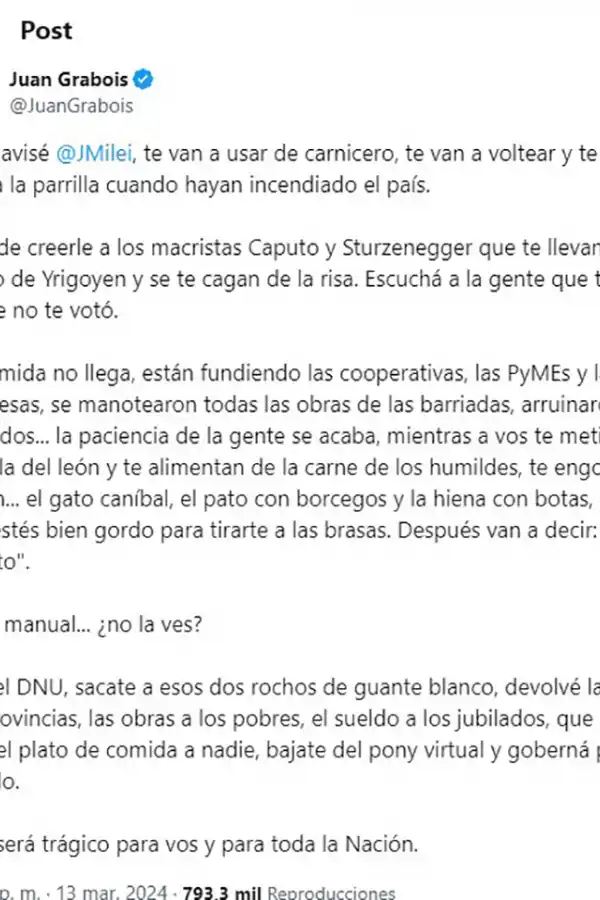 La advertencia de Grabois a Milei en medio de la interna con Villarruel: “Te van a voltear”