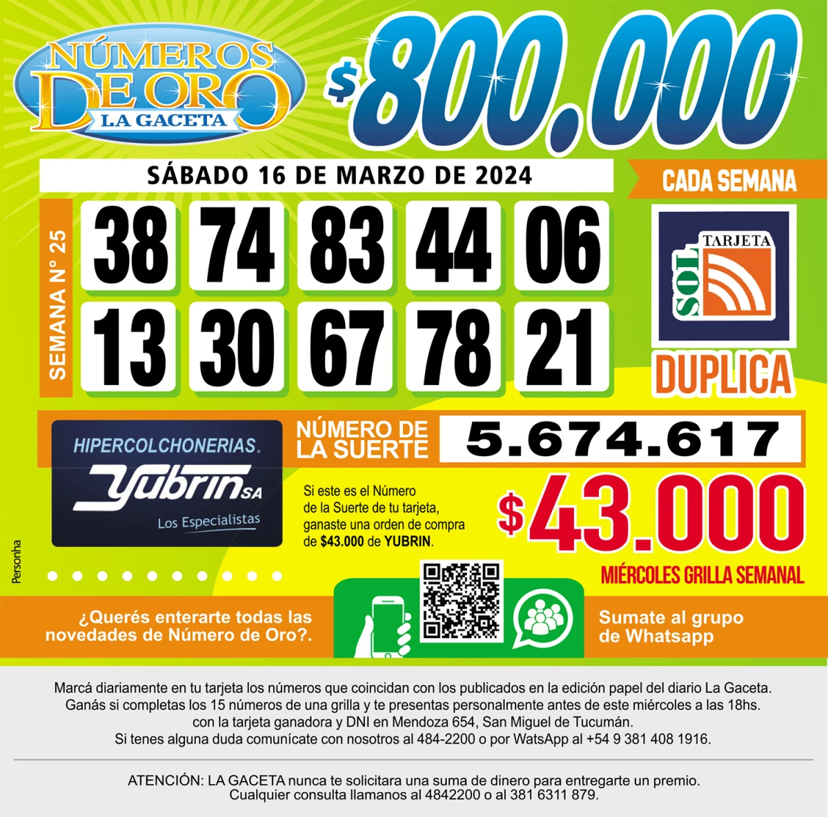 Los Números de Oro de LA GACETA del 16 de marzo de 2024