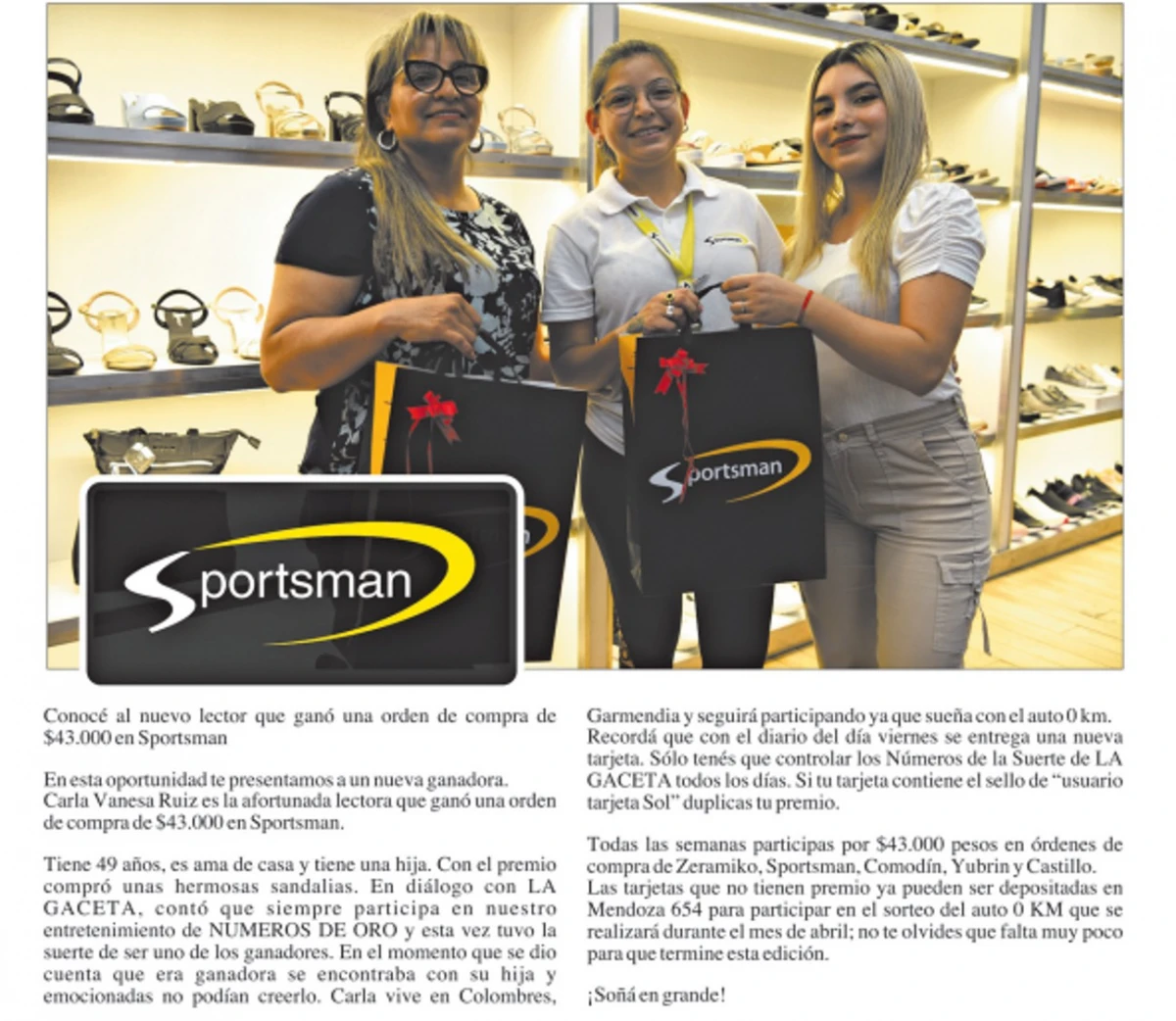 Números de la Suerte: Carla Vanesa Ruiz ganó una orden de compra de $43.000 en Sportsman