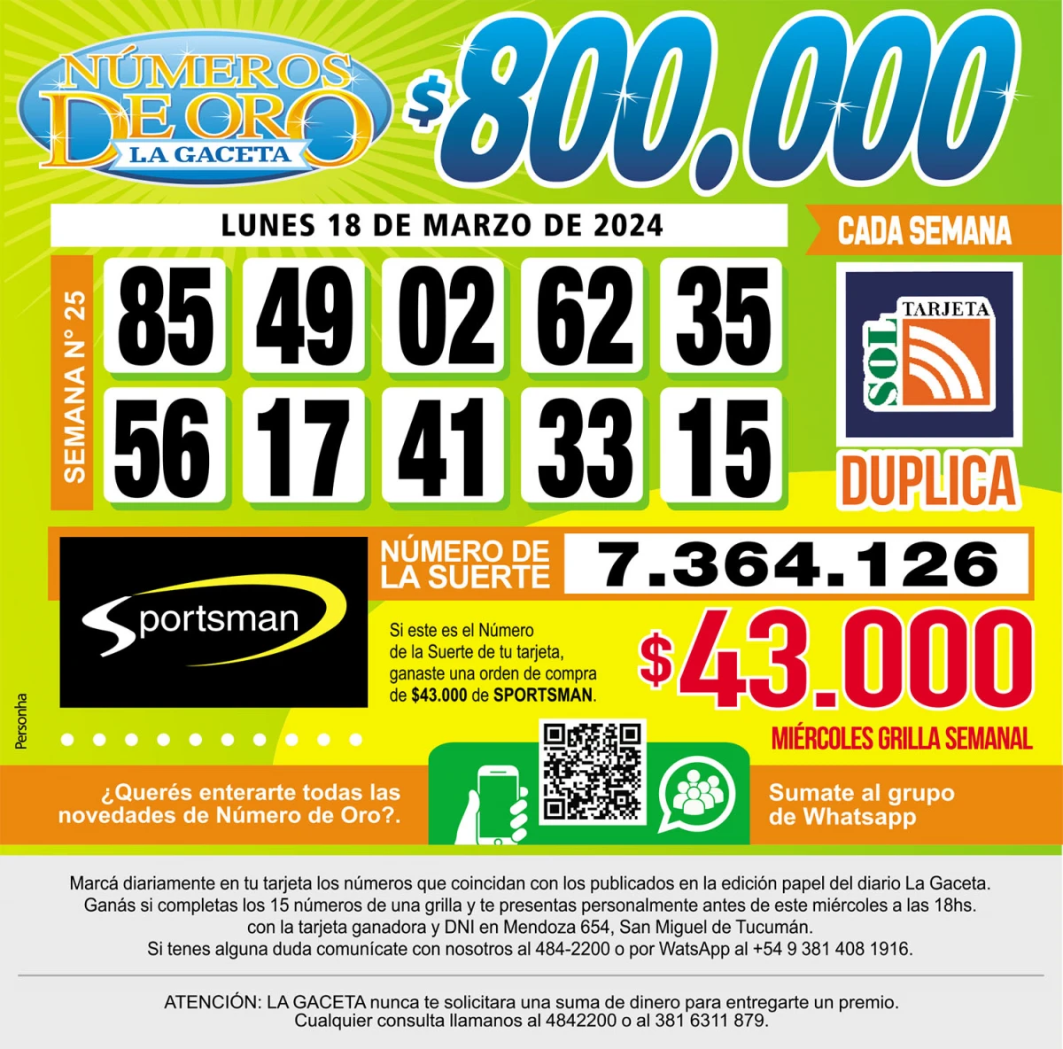 Los Números de Oro de LA GACETA del 18 de marzo de 2024