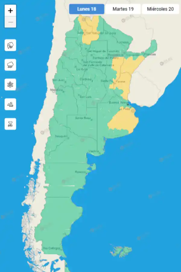 Mapa de alertas meteorológicas en Argentina