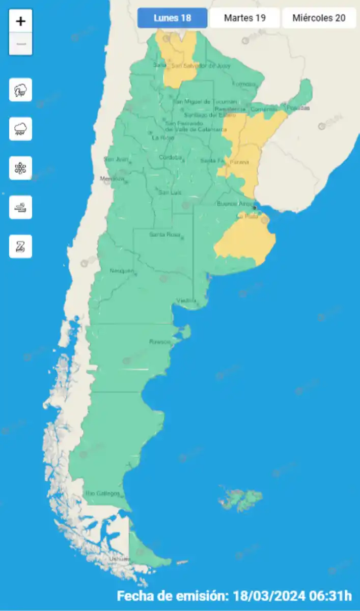 Mapa de alertas meteorológicas en Argentina