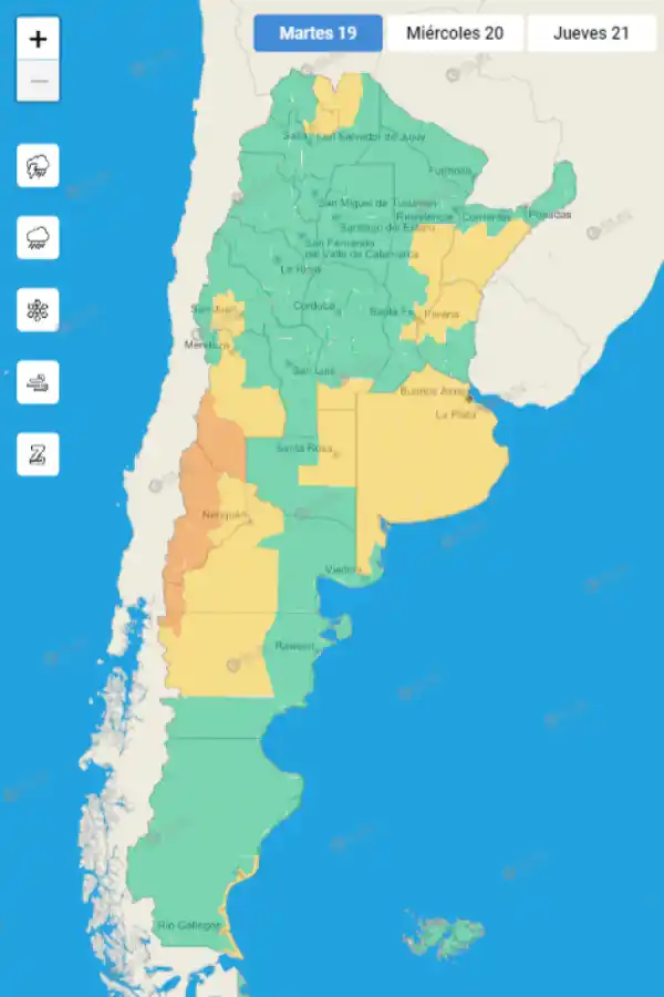 Mapa de alertas meteorológicas en Argentina