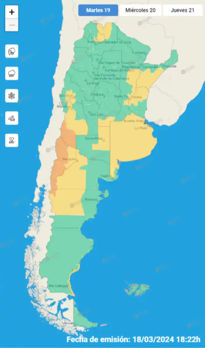 Mapa de alertas meteorológicas en Argentina