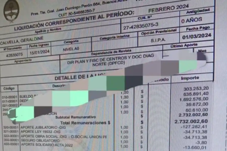 La boleta de sueldo que se viralizó por el escándalo.
