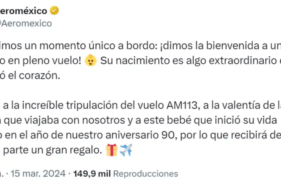 El posteo de AeroMéxico tras el nacimiento del bebé en uno de sus vuelos.