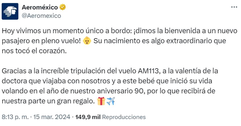 El posteo de AeroMéxico tras el nacimiento del bebé en uno de sus vuelos.