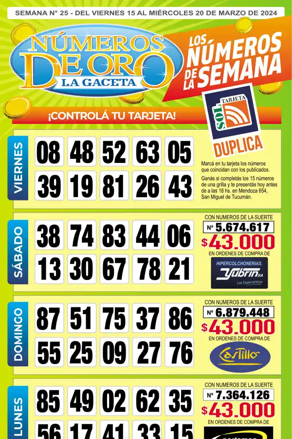 Esta es la grilla completa de los Números de Oro de LA GACETA del 20 de marzo de 2024