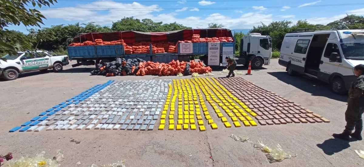 Encuentran casi una tonelada de cocaína oculta entre una carga de zapallos. Foto Gendarmería Nacional