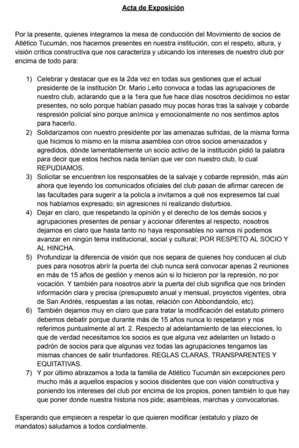 DEMANDAS. El comunicado que leyó el Movimiento de Socios en la última reunión donde se citaron a los opositores.