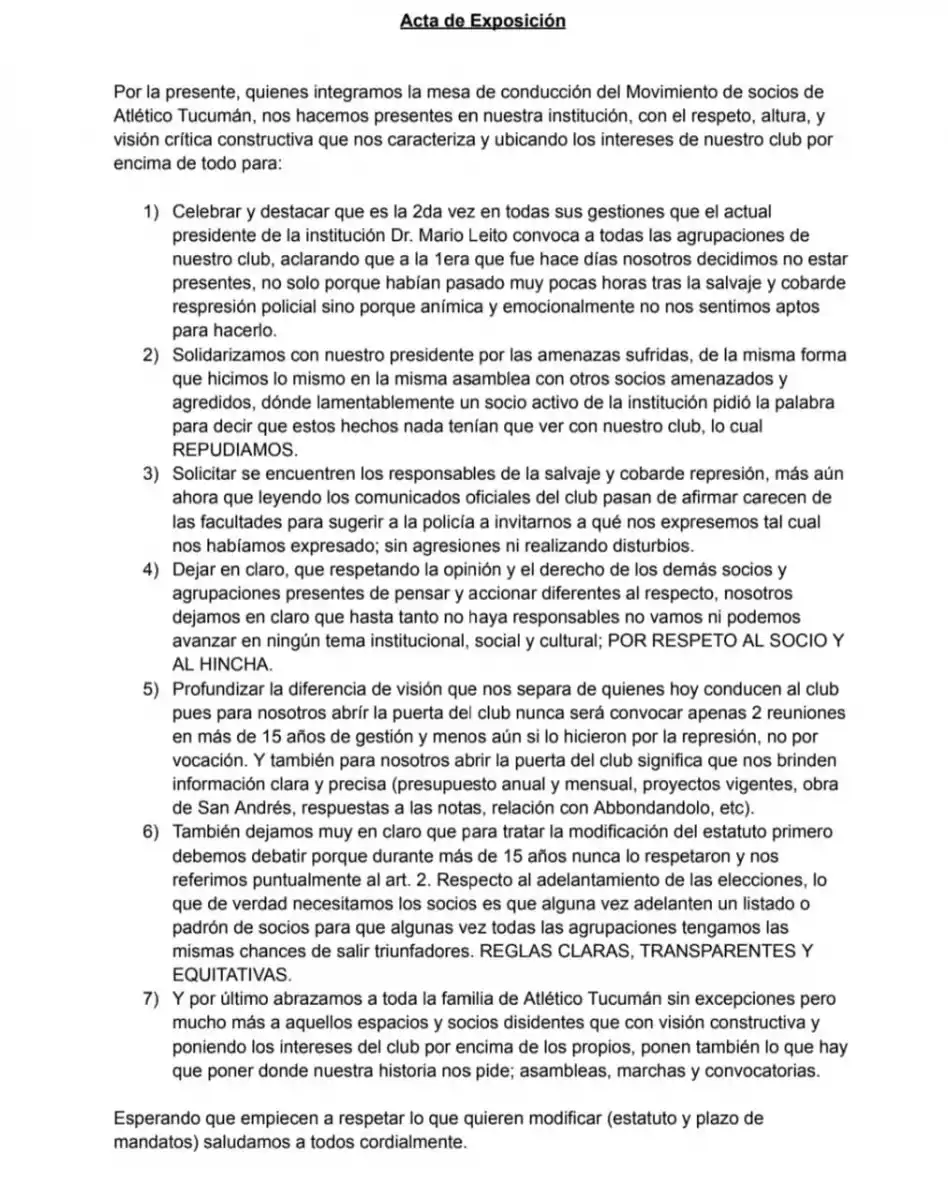 DEMANDAS. El comunicado que leyó el Movimiento de Socios en la última reunión donde se citaron a los opositores.