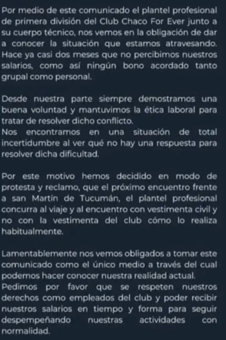 COMUNICADO. El plantel de Chaco For Ever expresó su descontento por no haber podido cobrar su sueldo durante dos meses. 