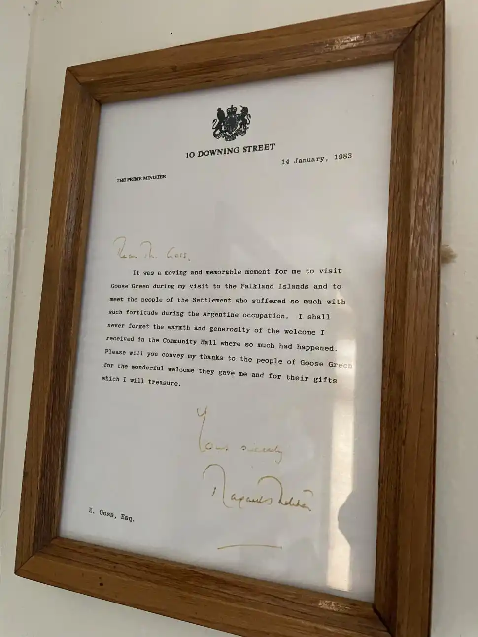 CARTA DE MARGARET THATCHER. La primera ministra visitó las Islas en el 83.