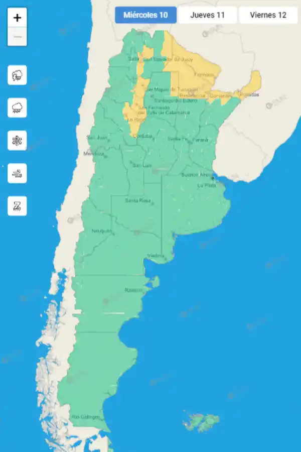 Mapa de alertas del Servicio Meteorológico Nacional