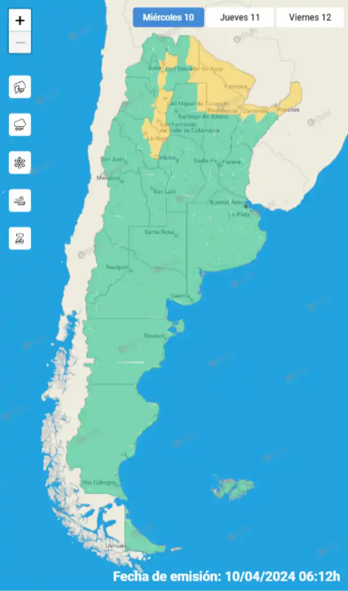 Mapa de alertas del Servicio Meteorológico Nacional