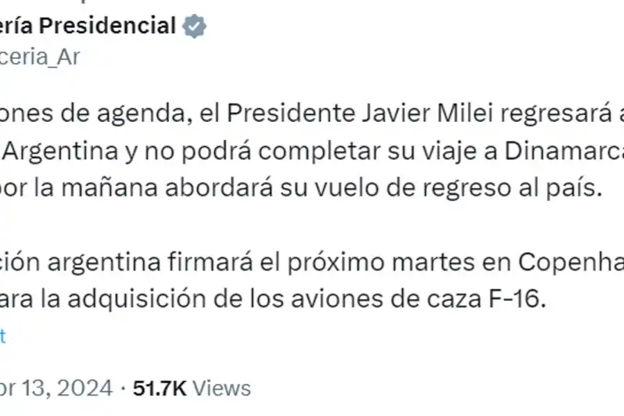 Milei suspendió su viaje a Dinamarca y regresa al país tras el ataque de Irán a Israel