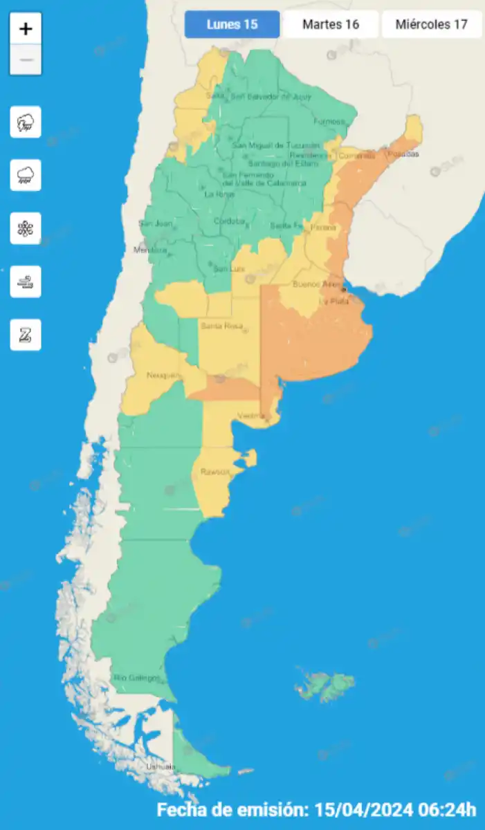 Mapa de alertas del Servicio Meteorológico Nacional