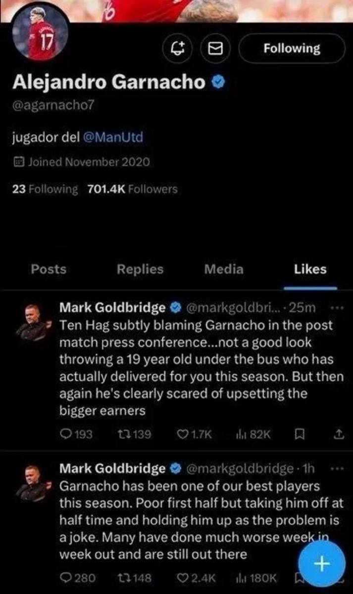 Polémica con Garnacho: el técnico de Manchester United lo cruzo por unos likes en las redes
