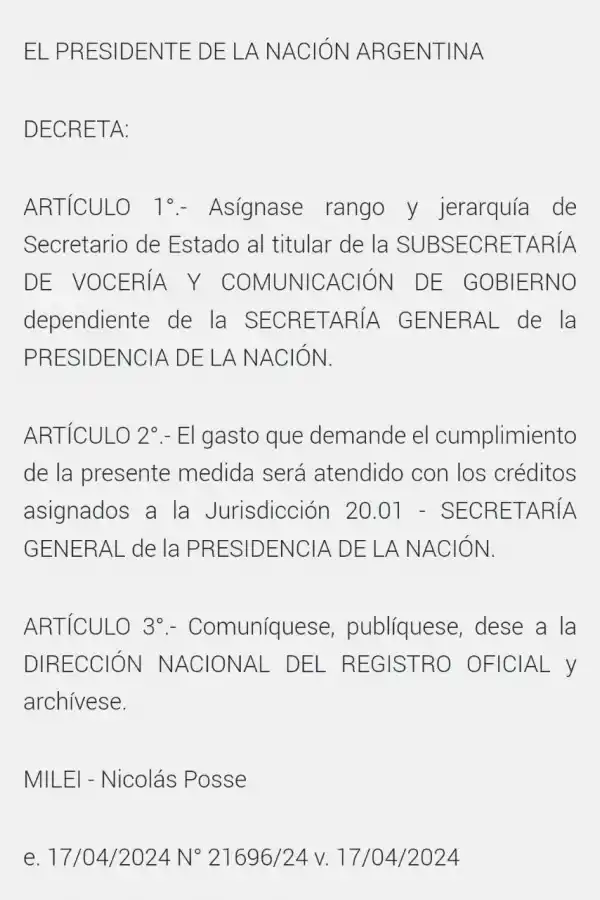 Mediante un decreto, Javier Milei ascendió a Manuel Adorni: los motivos
