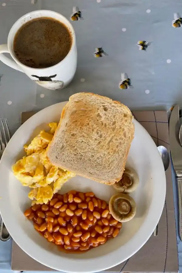 DESAYUNO INGLÉS. Huevos revueltos, porotos, champiñones y una tostada