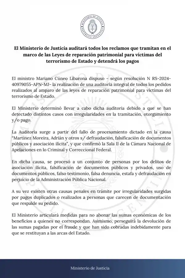 El Gobierno anunció que dejará de pagar indemnizaciones a víctimas de la última dictadura