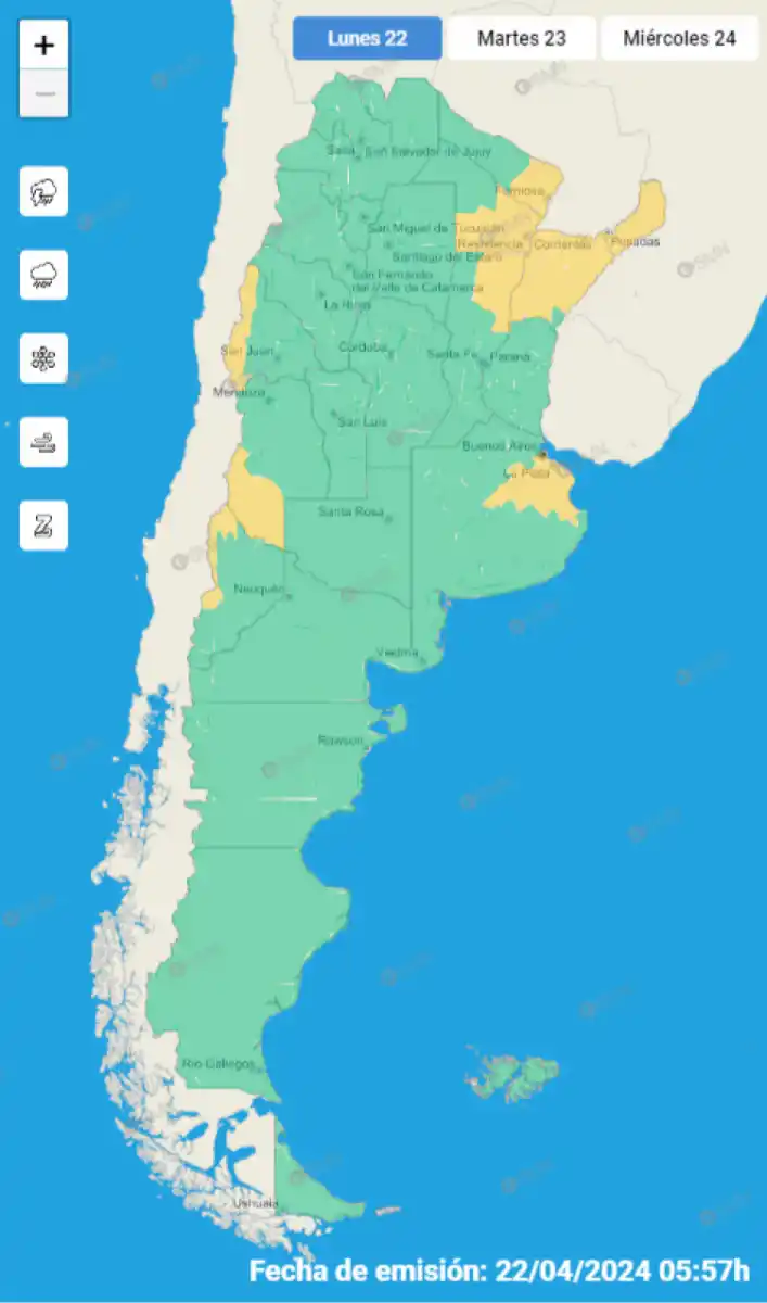 Mapa de alertas del Servicio Meteorológico Nacional