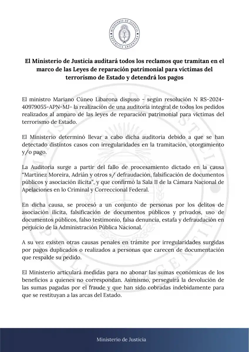 El Gobierno anunció que dejará de pagar indemnizaciones a víctimas de la última dictadura