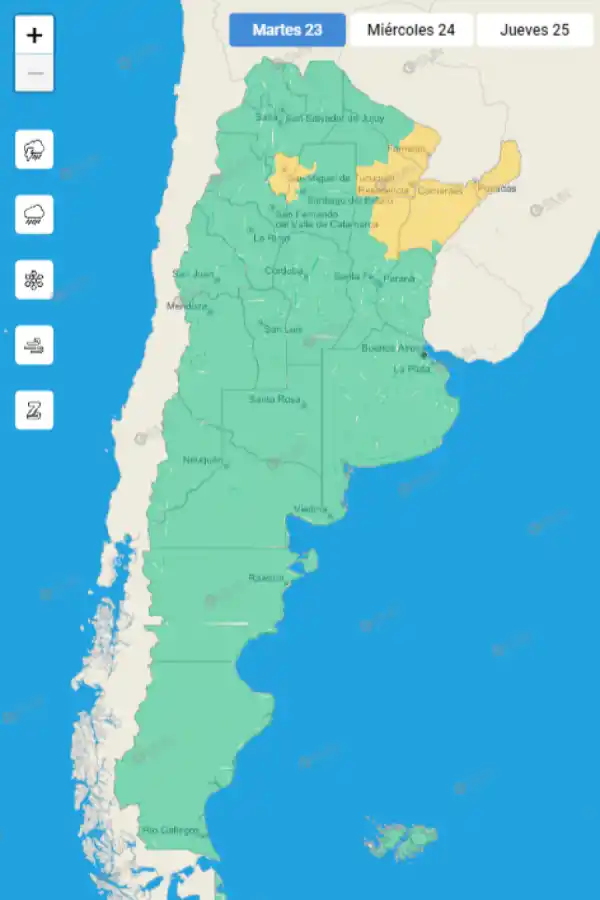 Mapa de alertas del Servicio Meteorológico Nacional