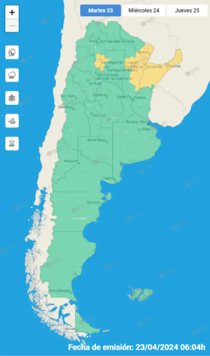 Mapa de alertas del Servicio Meteorológico Nacional
