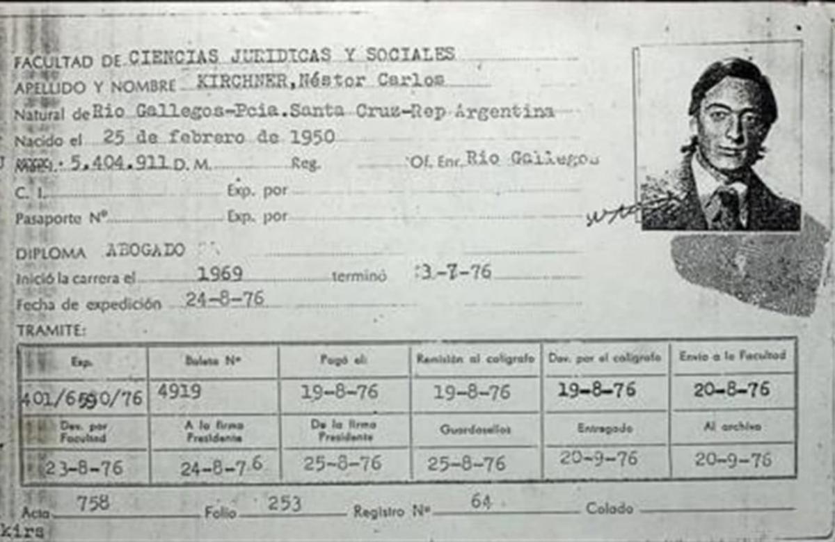 Ficha universitaria de Néstor Kirchner.