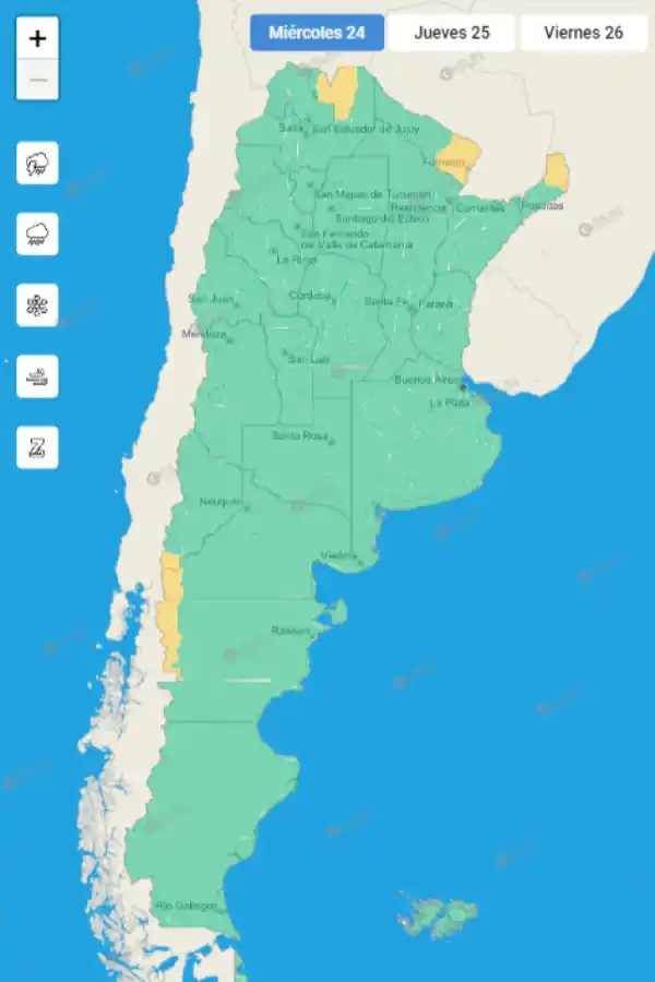Mapa de alertas del Servicio Meteorológico Nacional