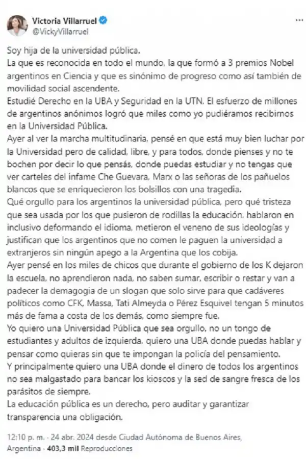 Villarruel criticó la marcha universitaria y calificó de “cadáveres políticos” a Cristina y a Massa