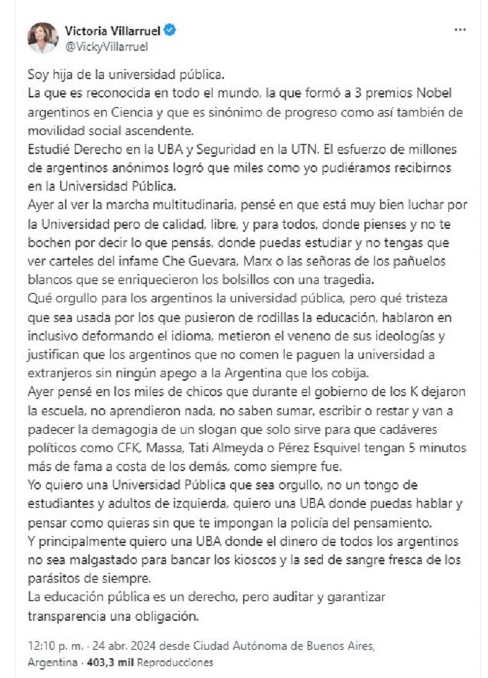 Villarruel criticó la marcha universitaria y calificó de “cadáveres políticos” a Cristina y a Massa