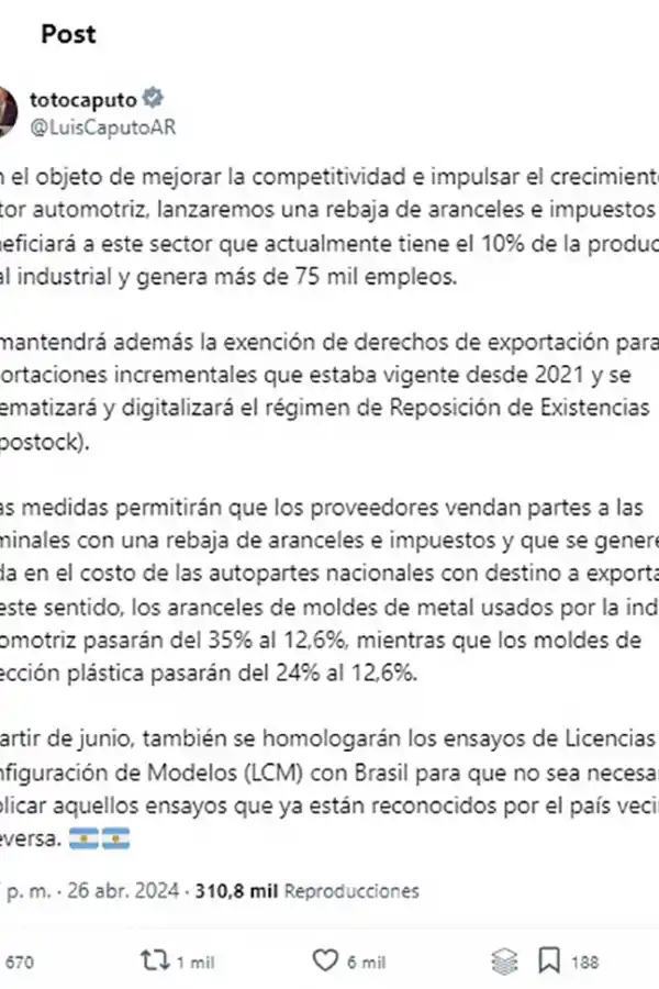 El Gobierno anunció que bajará los impuestos a la industria automotriz