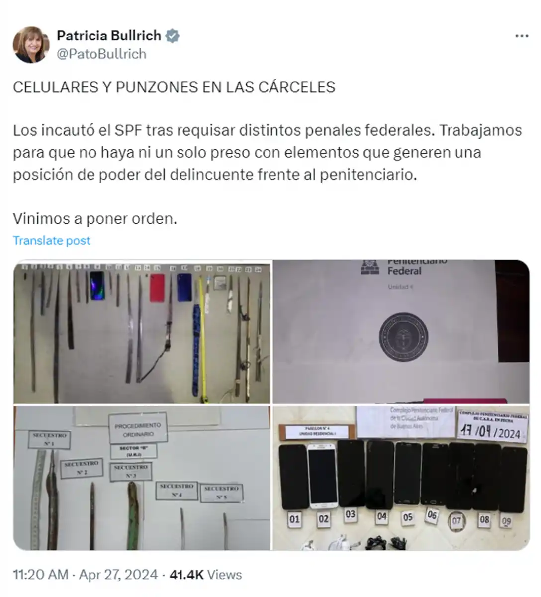 Foto tomada de X/@PatoBullrich.
