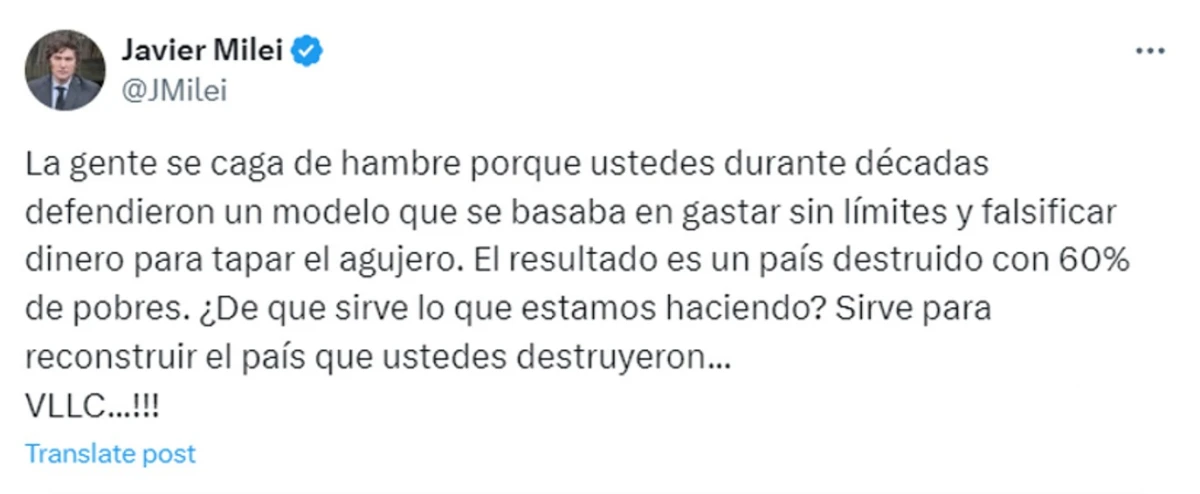 Javier Milei salió a responderle a Cristina Kirchner y la acusó de dejar un país destruido